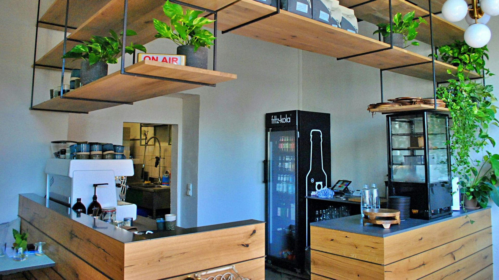 Die Theke im Café Lumos, aus Holz gefertigt und mit vielen Pflanzen dekoriert.