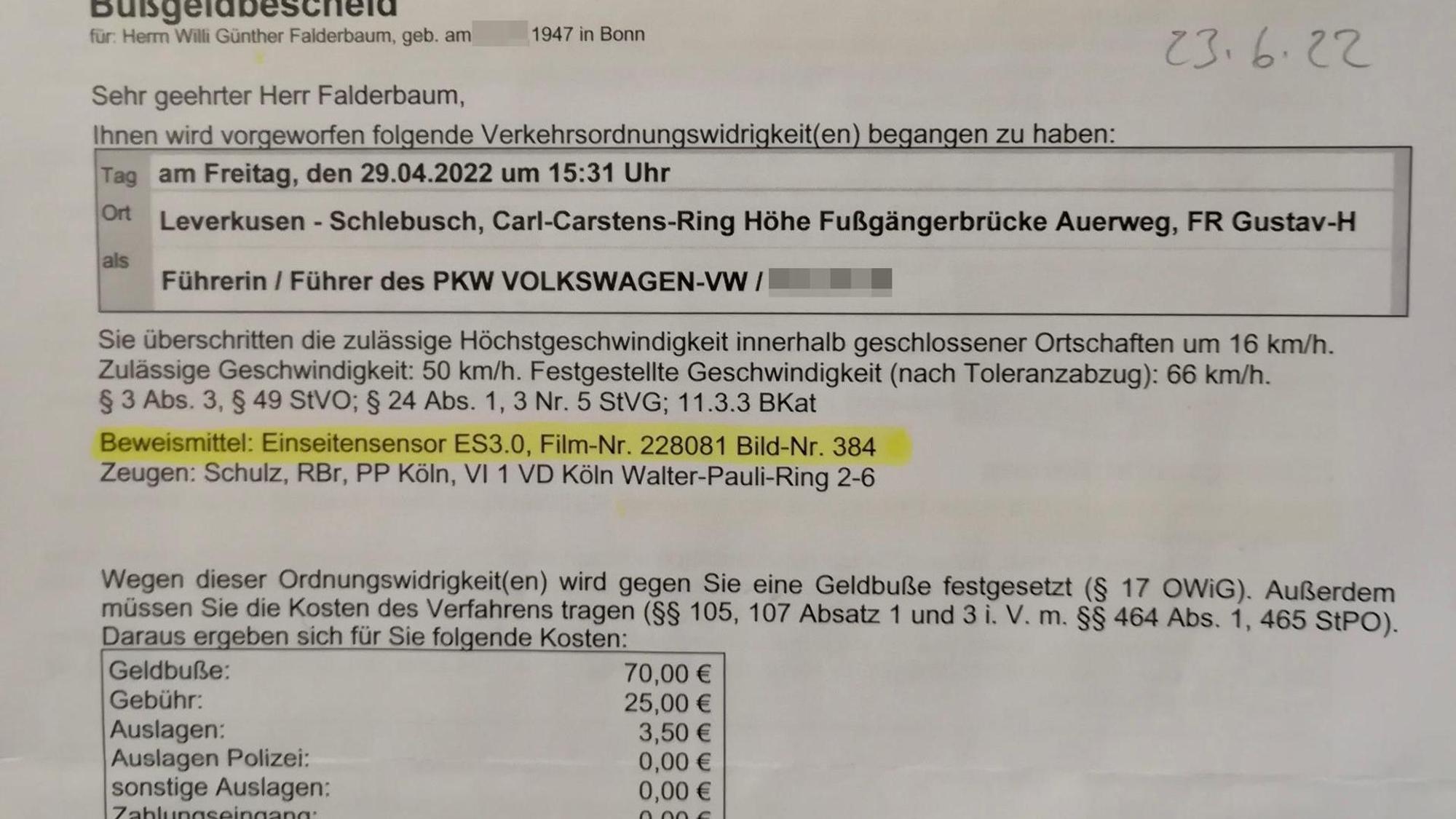 Bußgeldbescheid für Günter Falderbaum