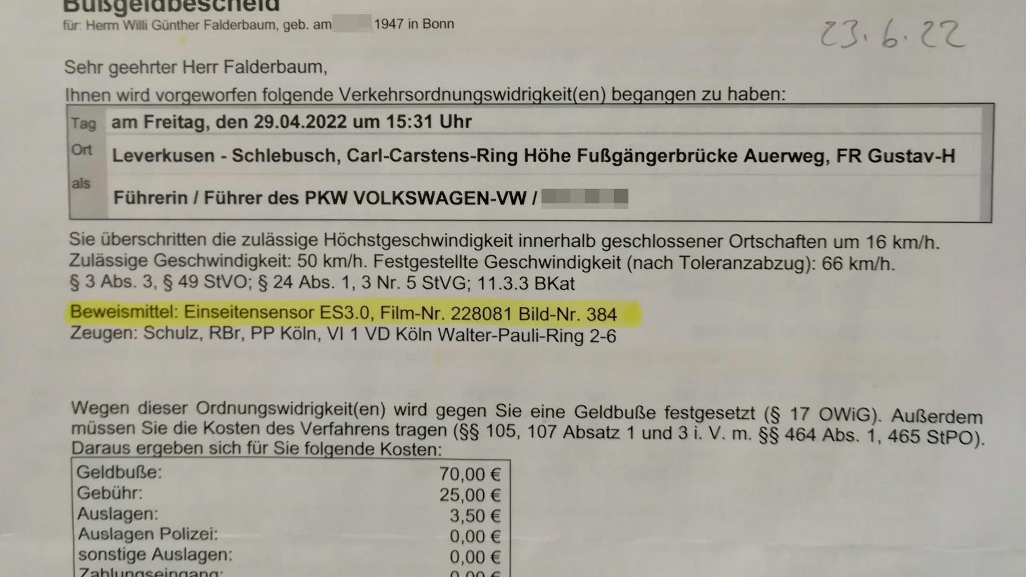 Bußgeldbescheid für Günter Falderbaum