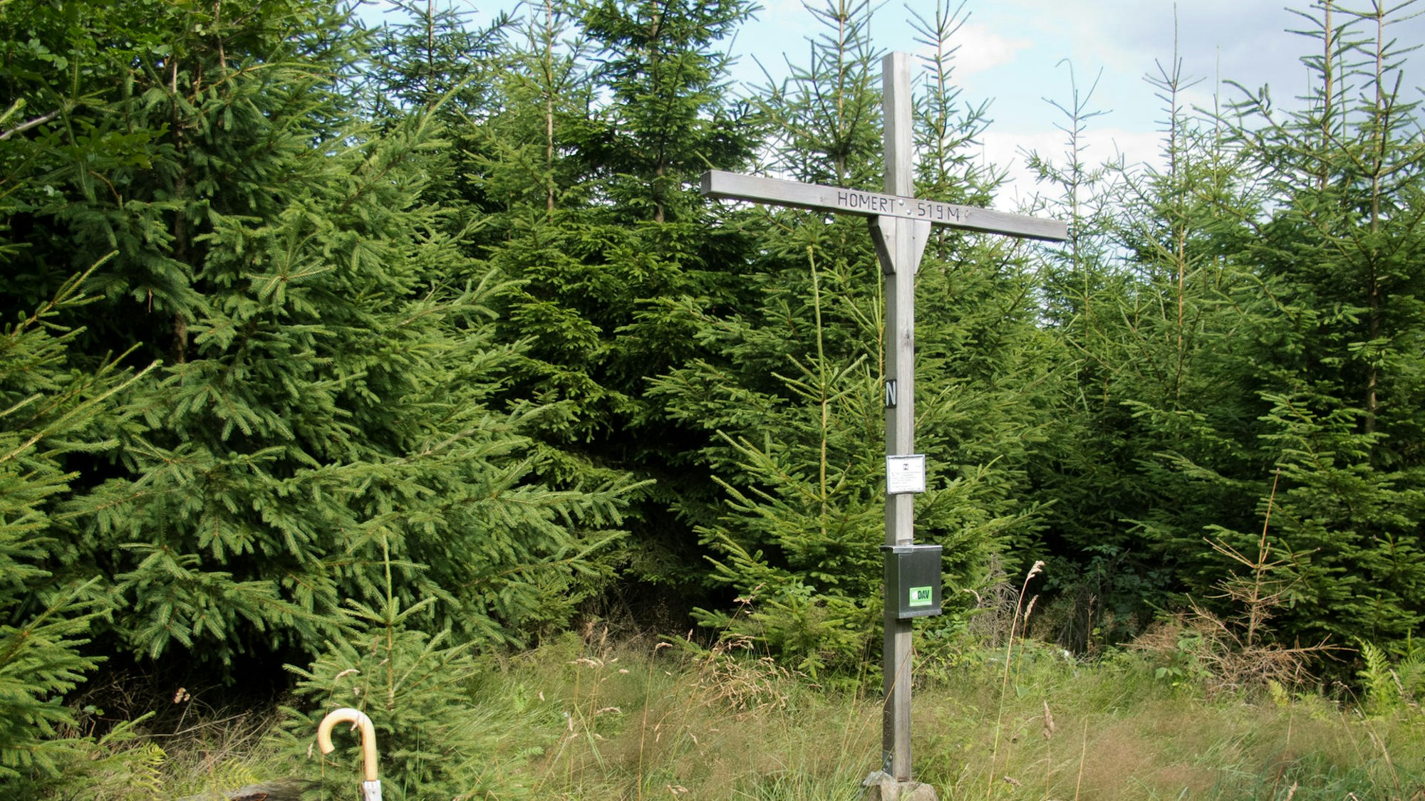 Gipfelkreuz vor Tannenbäumen