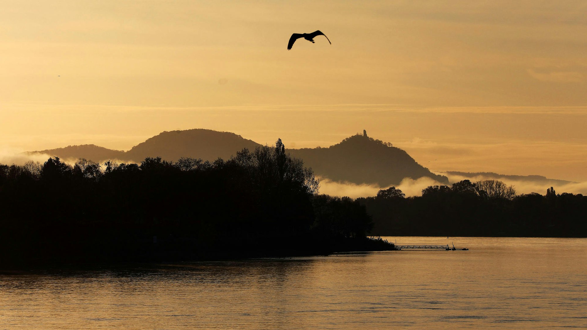 Das Siebengebirge am Morgen mit Nebelschwaden.