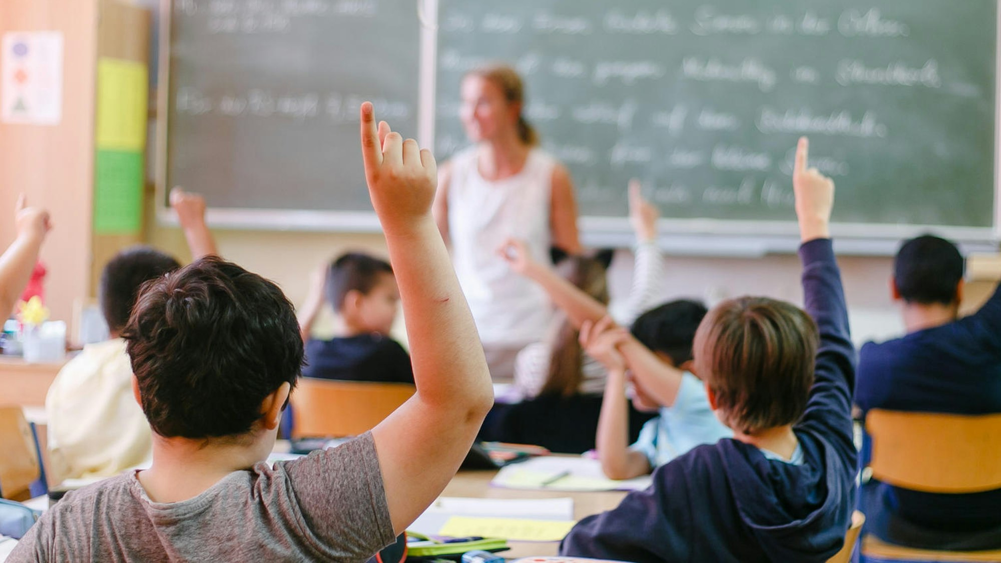 Schüler melden sich im Unterricht.