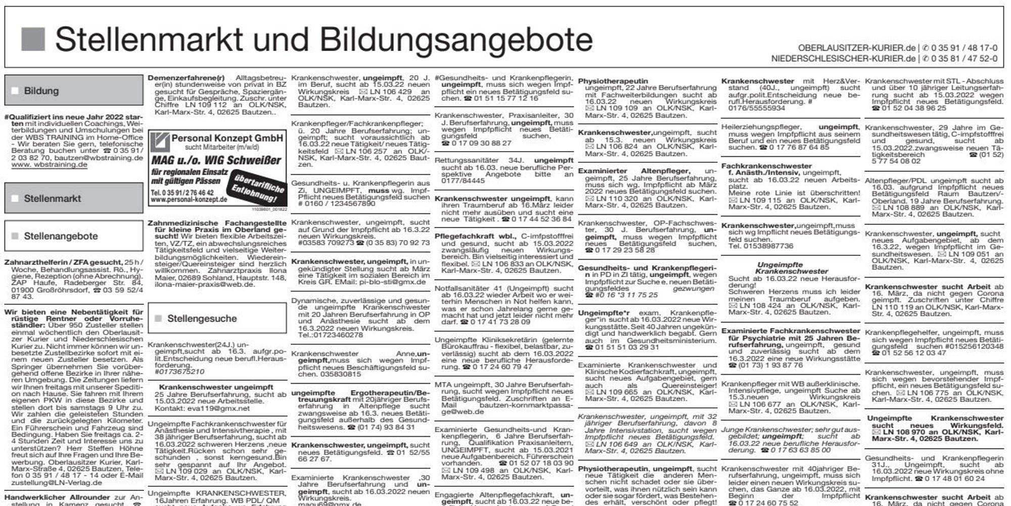 Stellenanzeigen Ungeimpfte