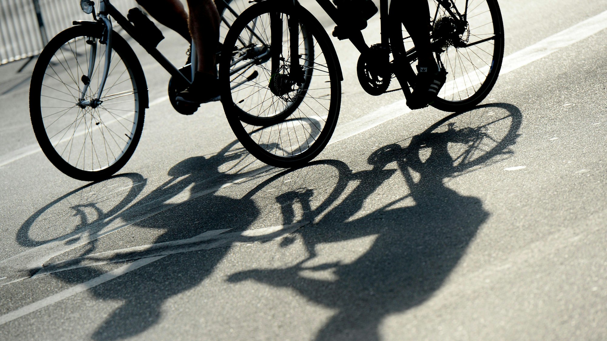Die Schatten zweier Radfahrer auf einer Straße.