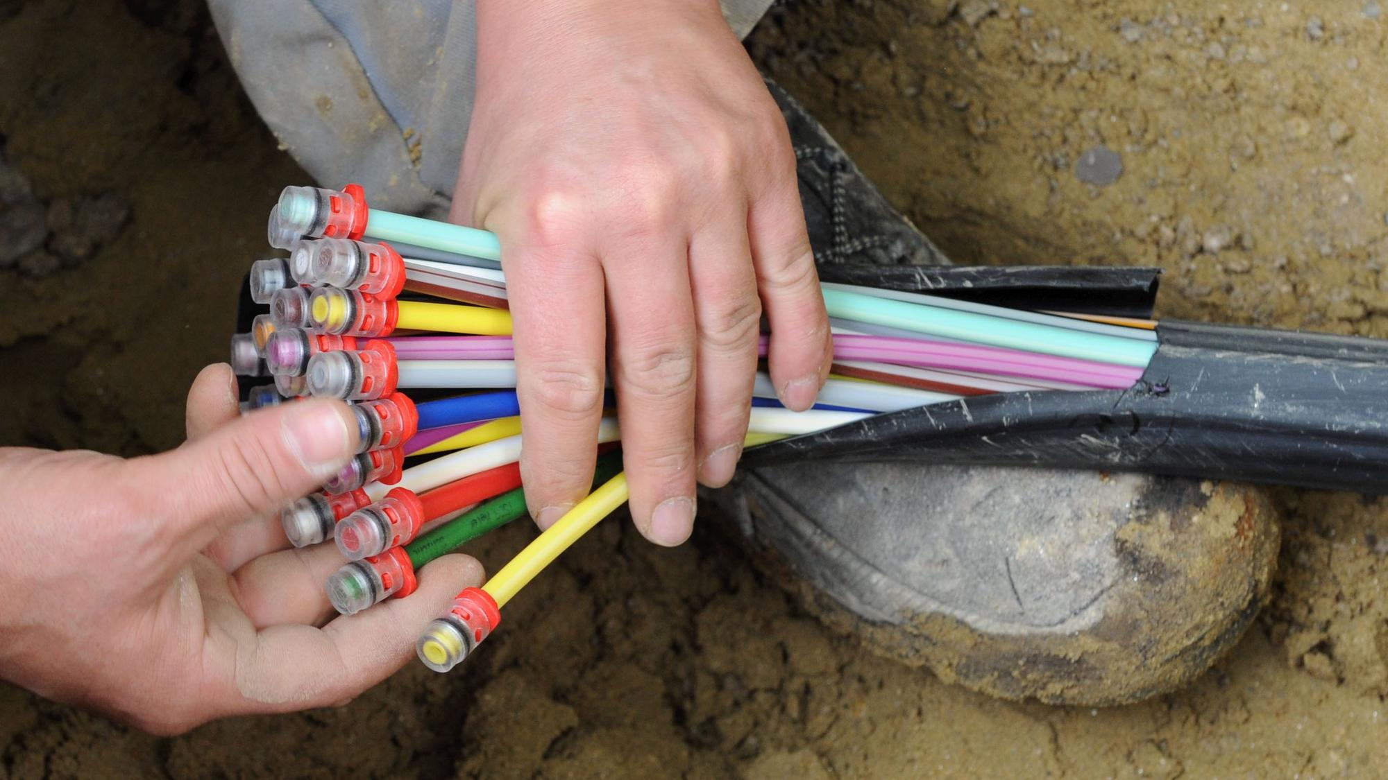 Ein Bauarbeiter hält ein Kabel mit Glasfaser-Strängen.