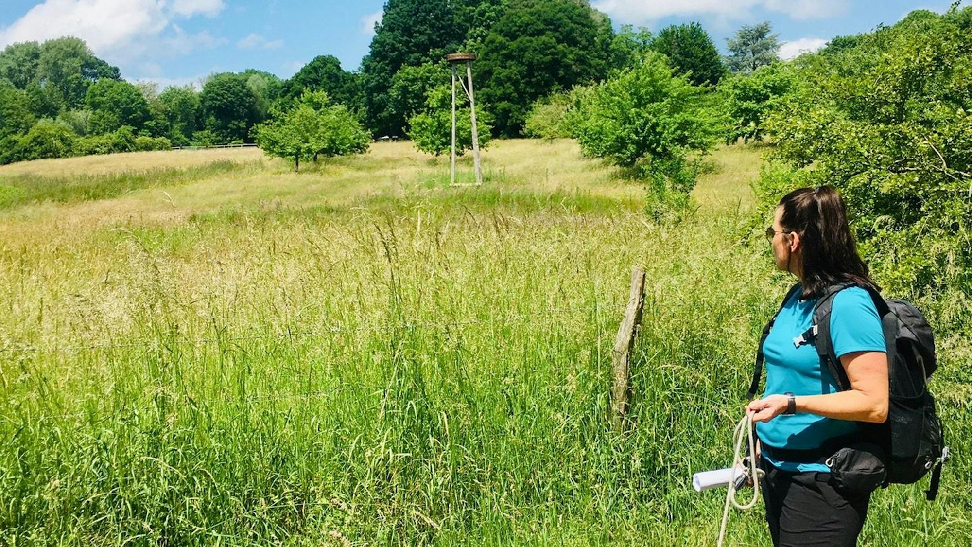 Eine Frau steht mit einem angeleinten Hund vor einem Feld, auf dem ein Storchennest steht