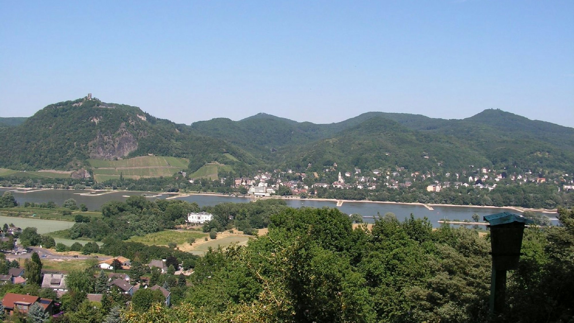 Blick auf eine Rheinlandschaft mit Bergen im Hintergrund