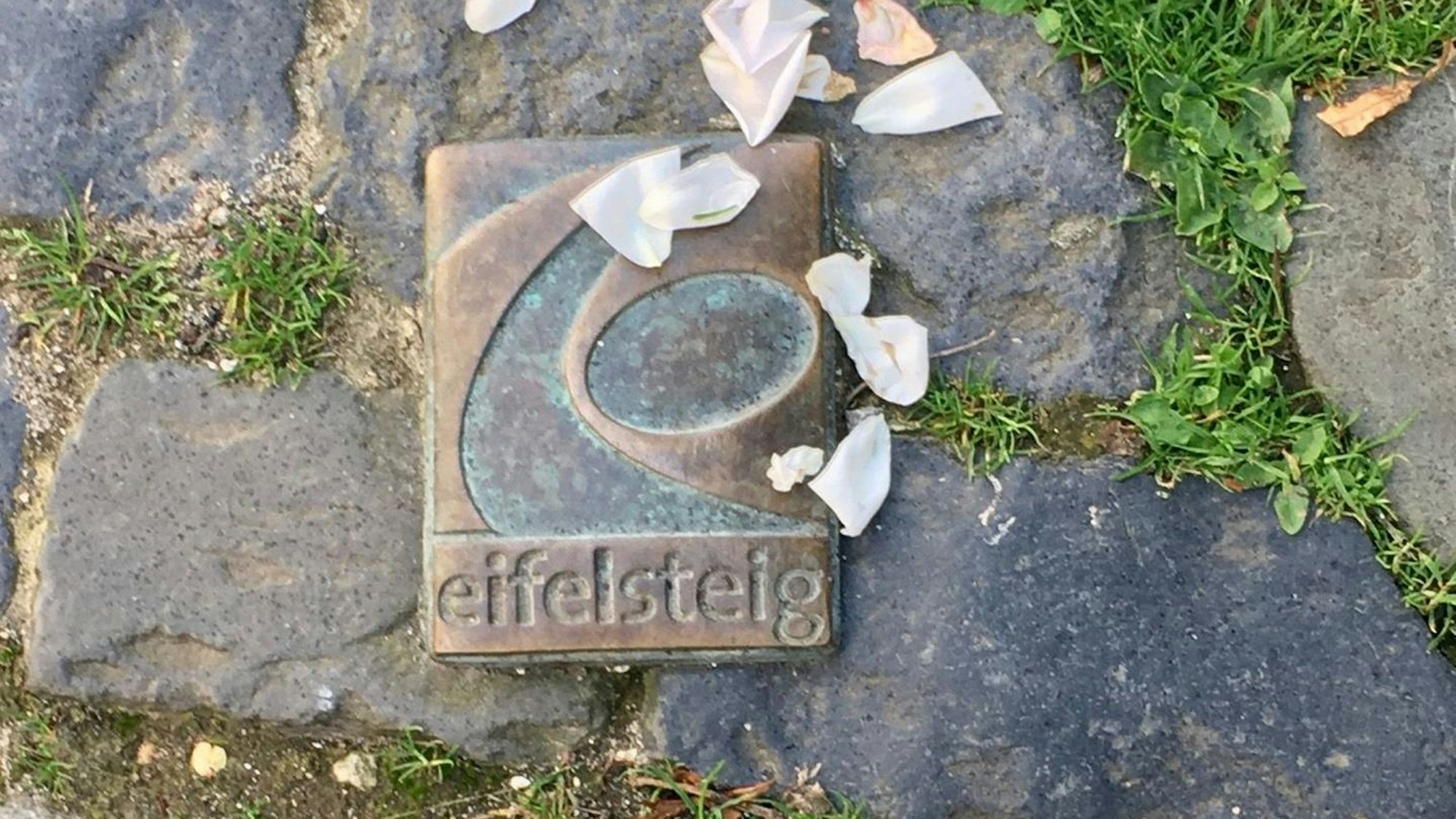 Ein Metallschild im Boden zeigt das Zeichen des Eifelsteigs