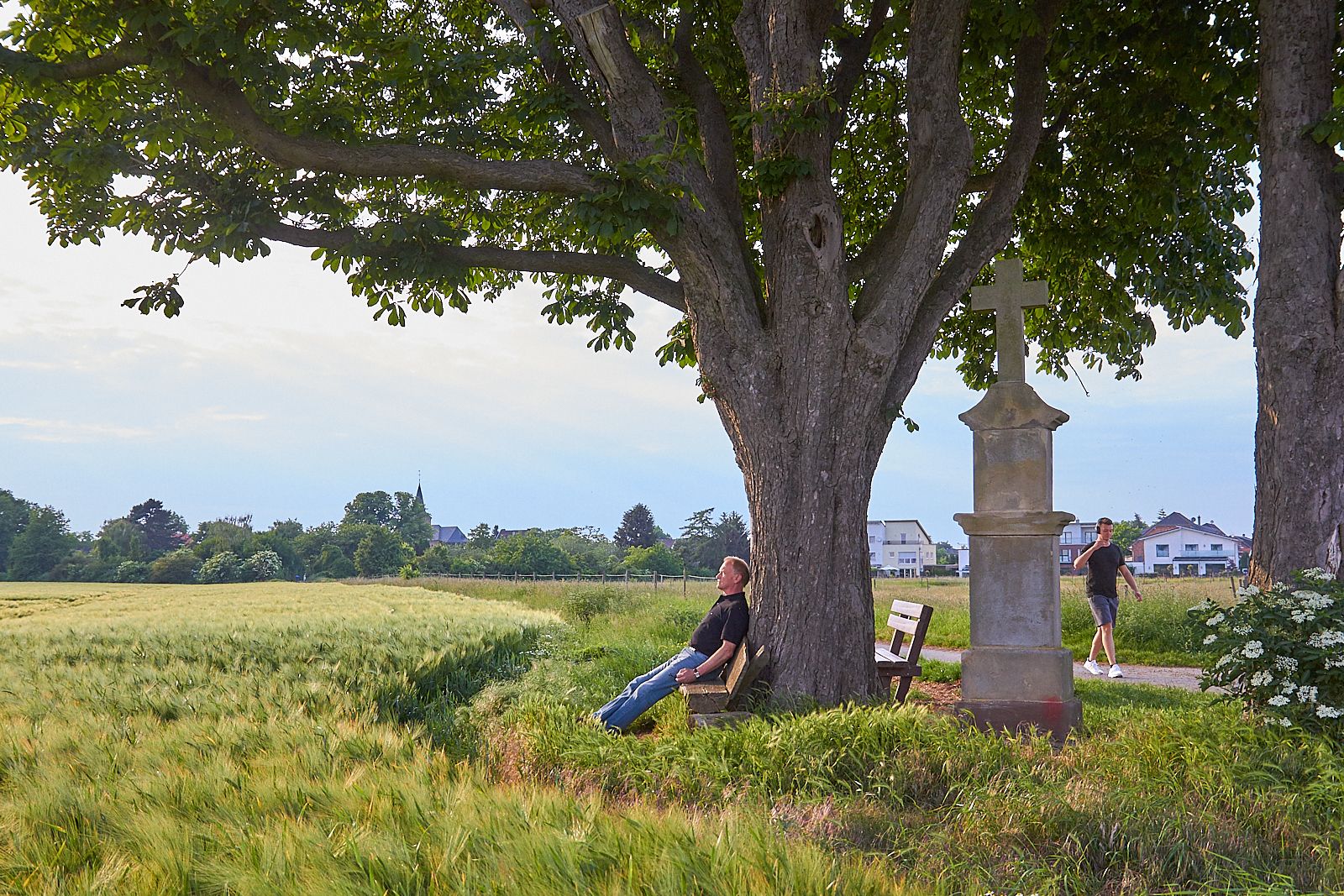Ein Mann sitzt unter einem Baum auf einer Bank