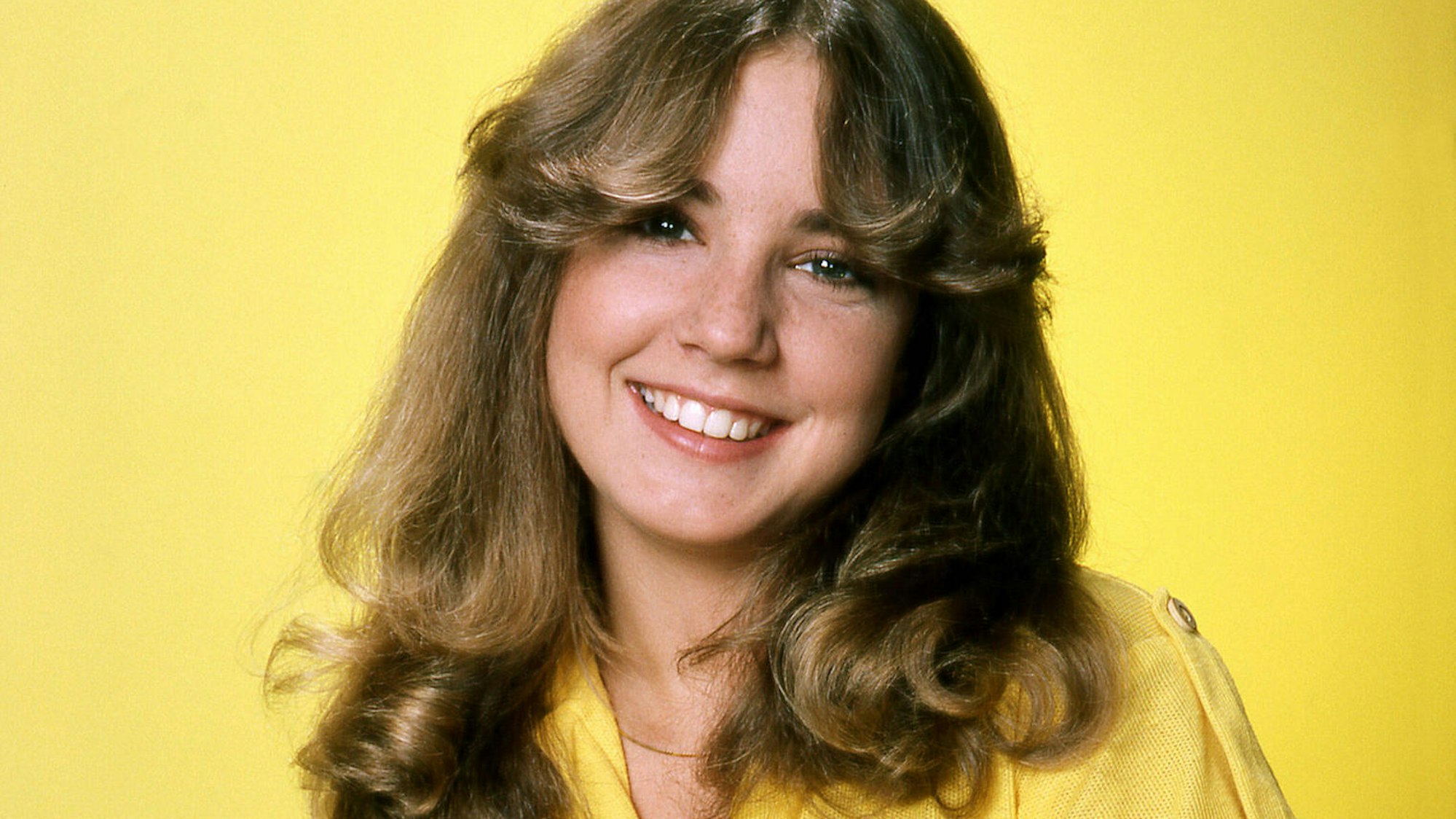 Dana Plato mit 70er-Jahre-Föhnwelle und gelben Outfit vor einem gelben Hintergrund. Dana Plato lacht freundlich in die Kamera.