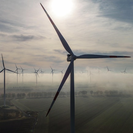Windräder stehen auf Feldern.