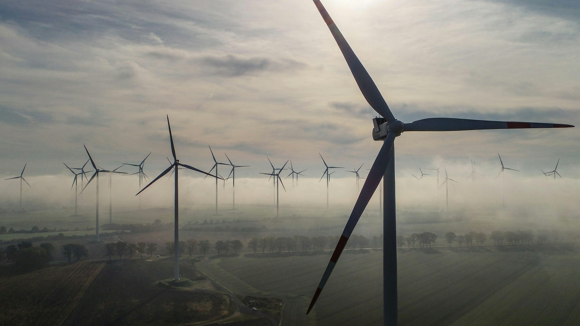 Windräder stehen auf Feldern.