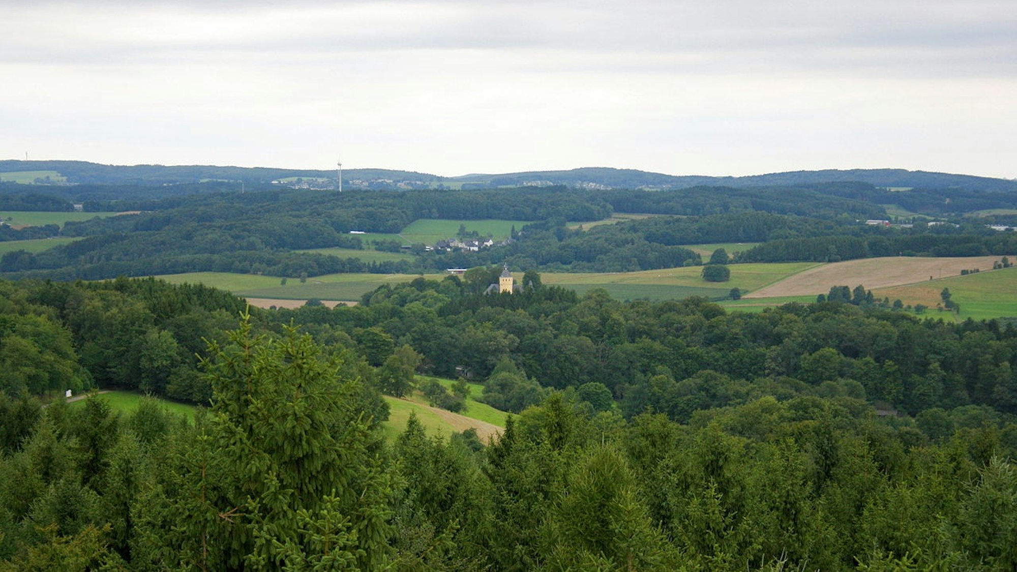 Blick auf eine Landschaft mit Wäldern und Feldern