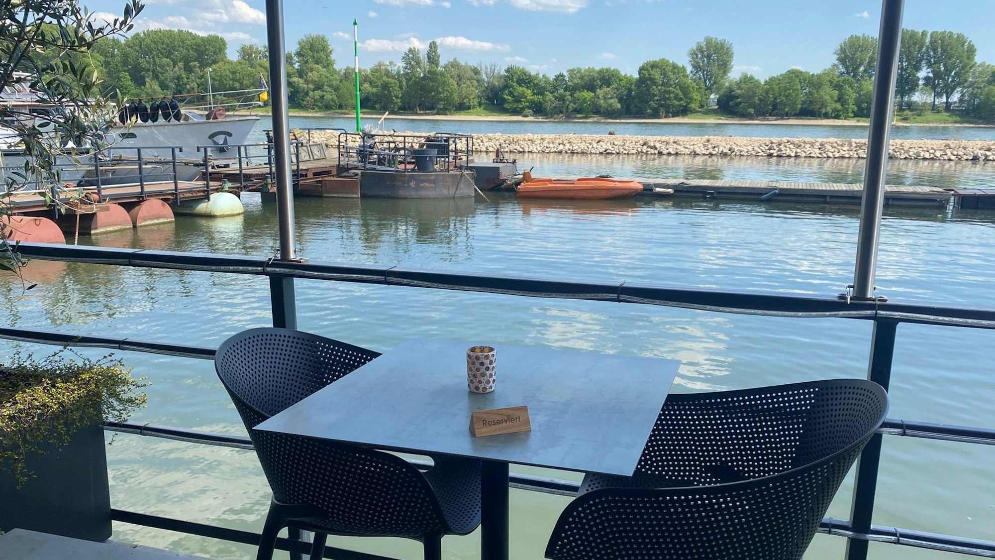 Der Blick vom Sürther Bootshaus auf den Rhein und das idylische Ufer.