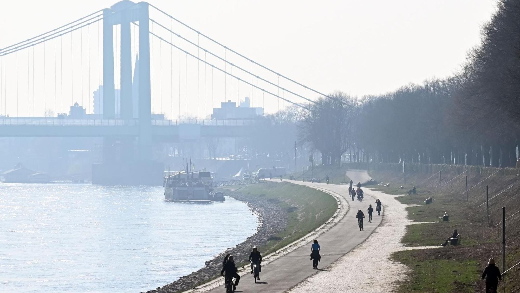 Weg entlang des Rheins, eine Brücke im Hintergrund