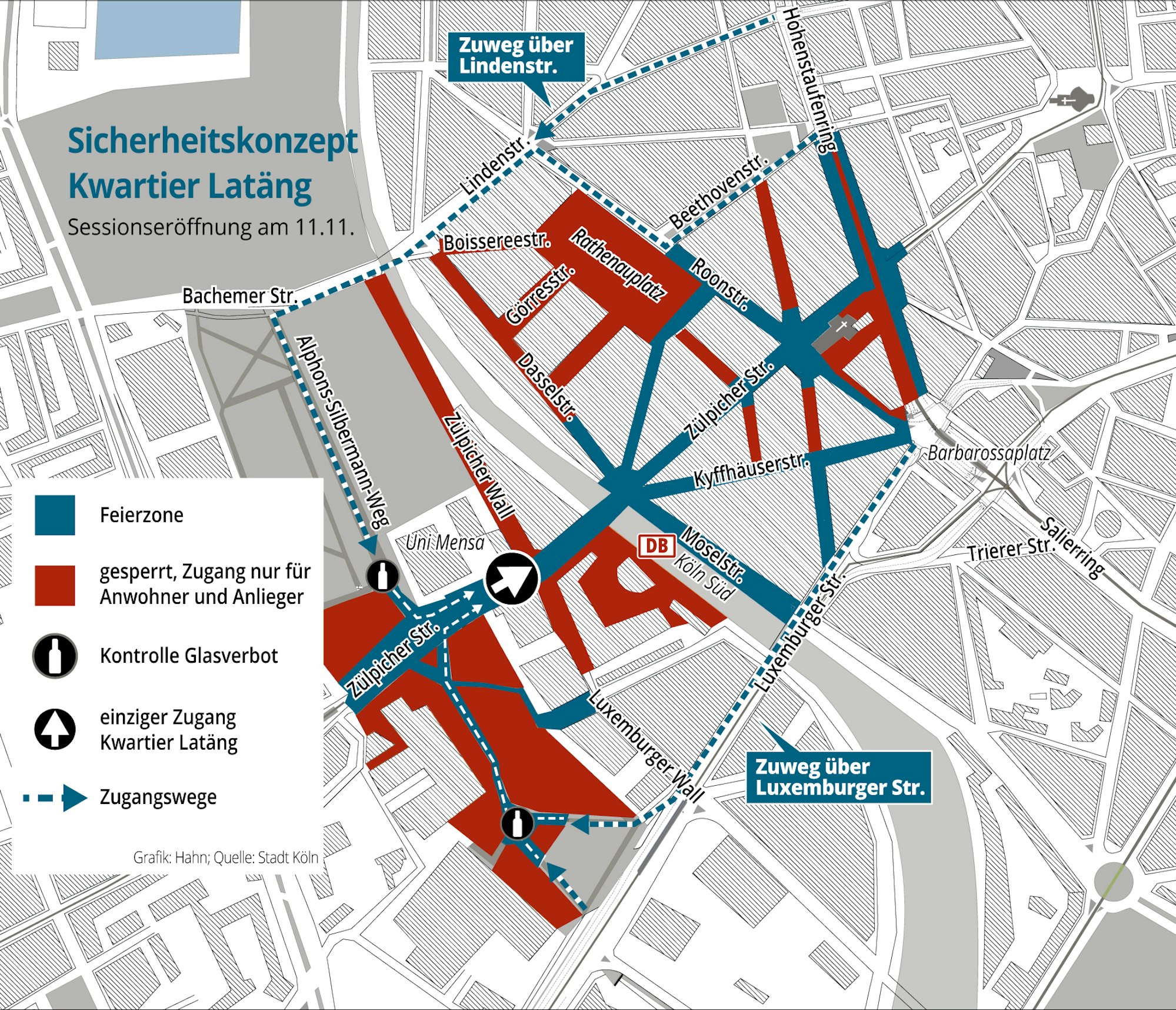Übersicht über gesperrte Straße im Zülpicher Viertel am 1.11.