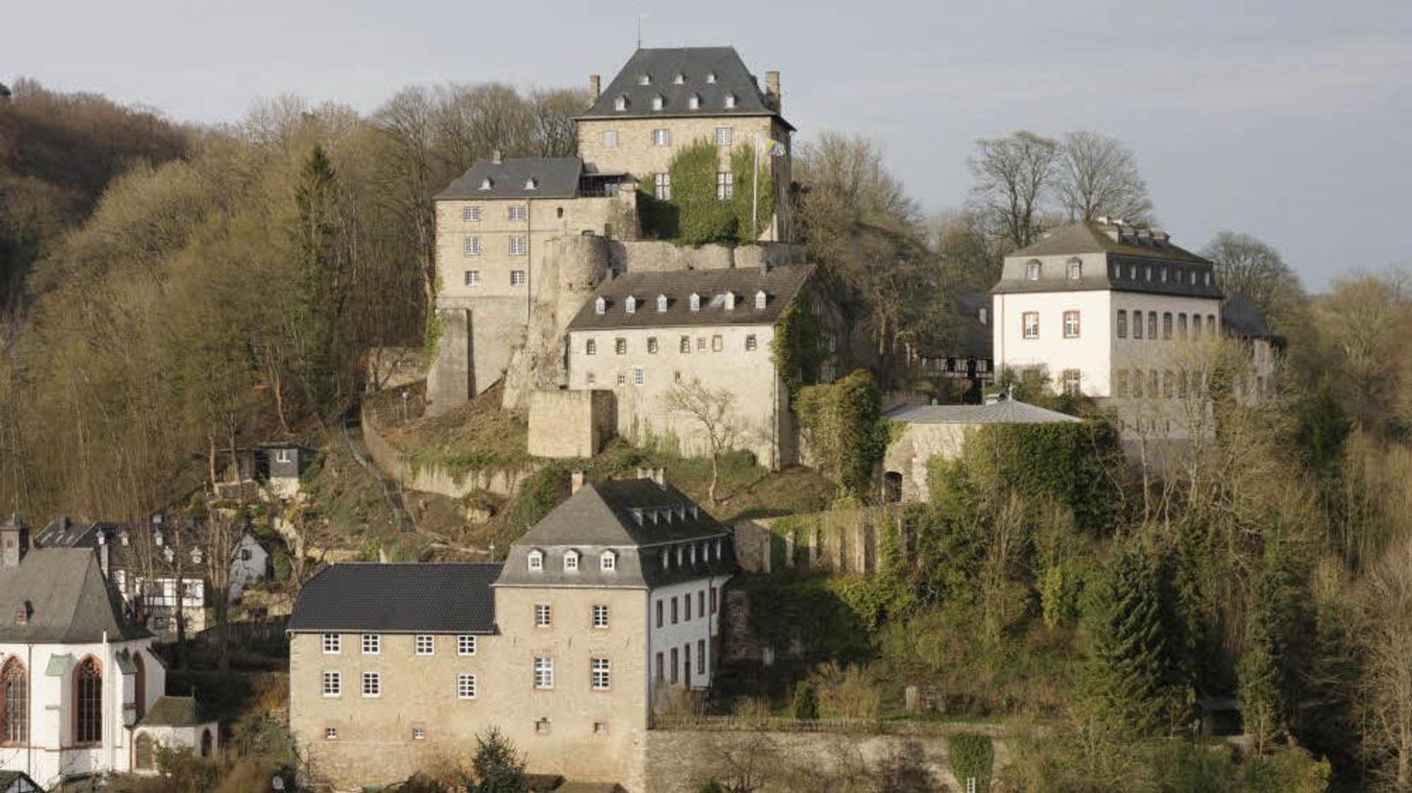 mehrere Gebäude auf einem Berg, drumherum Wald