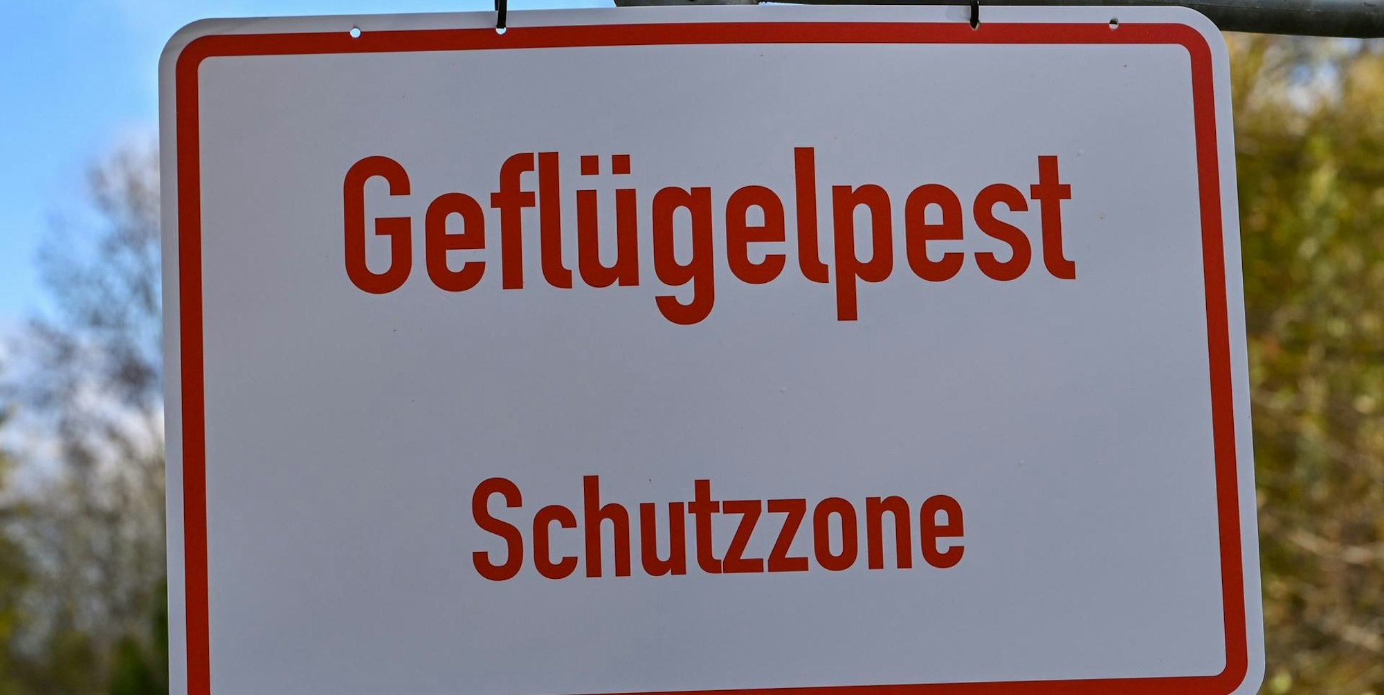 Ein Schild hat die Aufschrift: Geflügelüest Schutzzone.