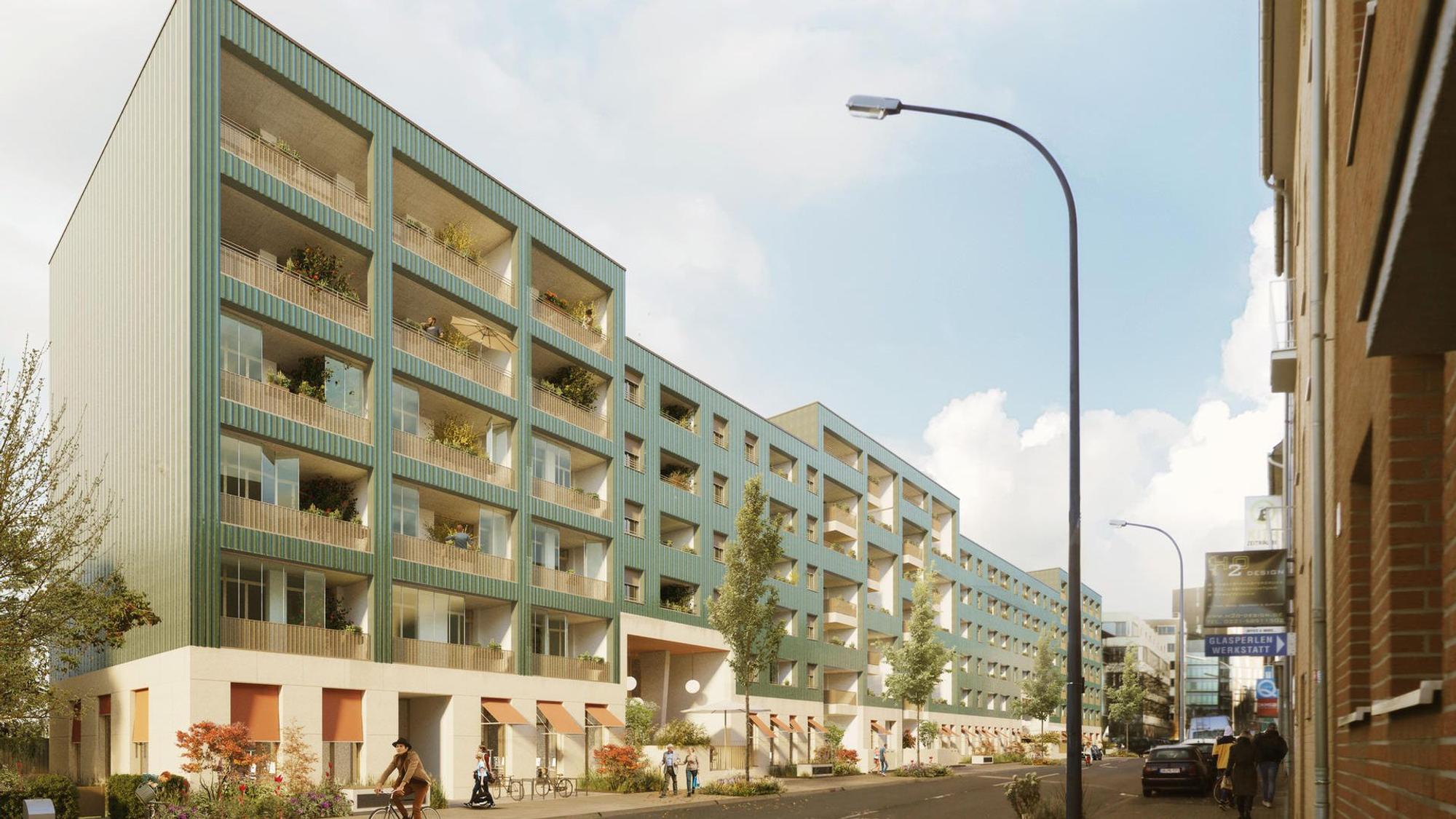 Ein grünes, 130 Meter langes Wohngebäude in Braunsfeld