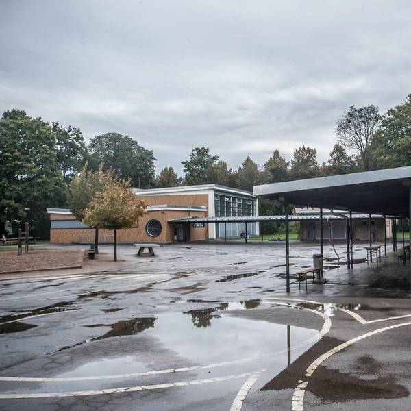 Blick auf einen Schulhof mit Schulgebäuden