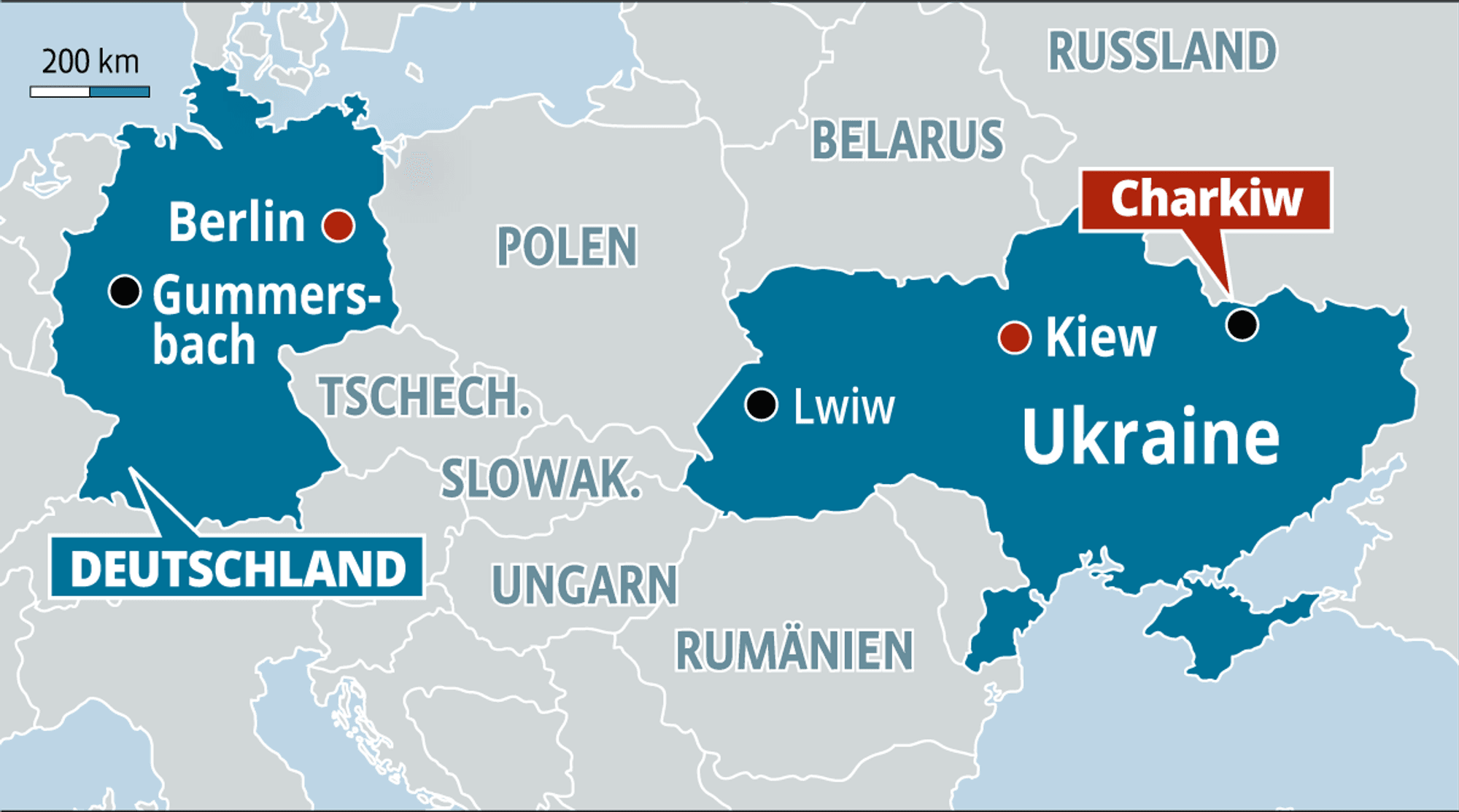 Eine Landkarte zeigt die Städte Gummersbach in Deutschland und Charkiw in der Ukraine.