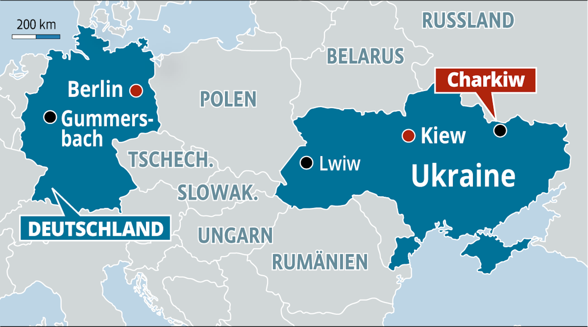 Eine Landkarte zeigt die Städte Gummersbach in Deutschland und Charkiw in der Ukraine.
