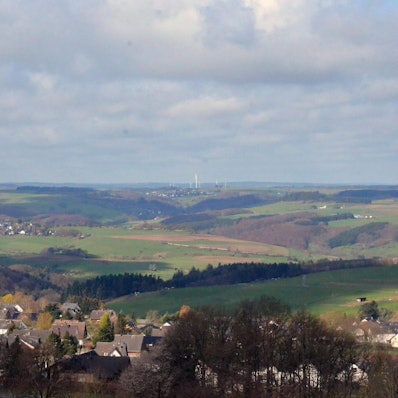 Landschaft mit Feldern, Wiesen, Häusern und Bäumen