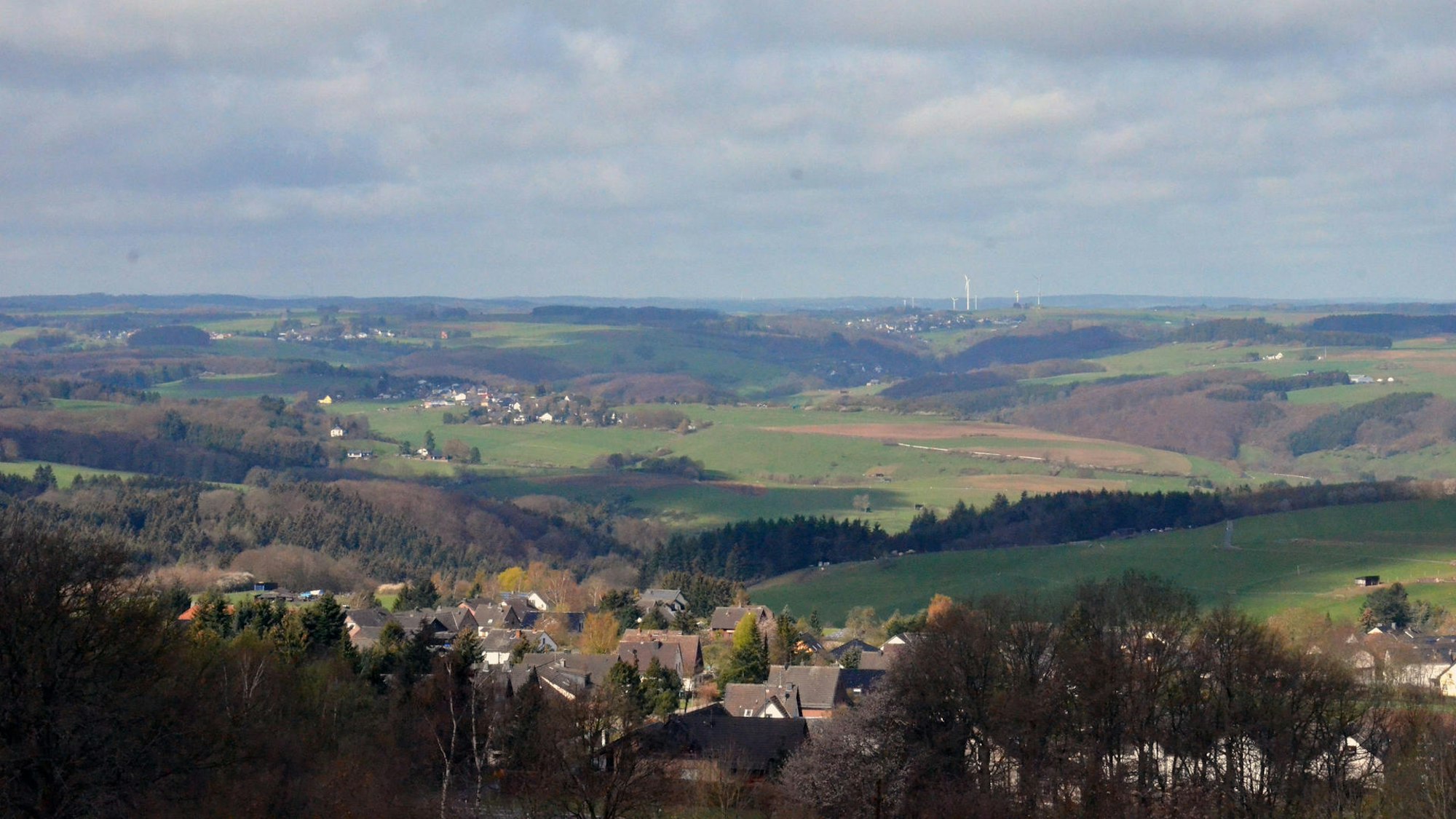 Landschaft mit Feldern, Wiesen, Häusern und Bäumen