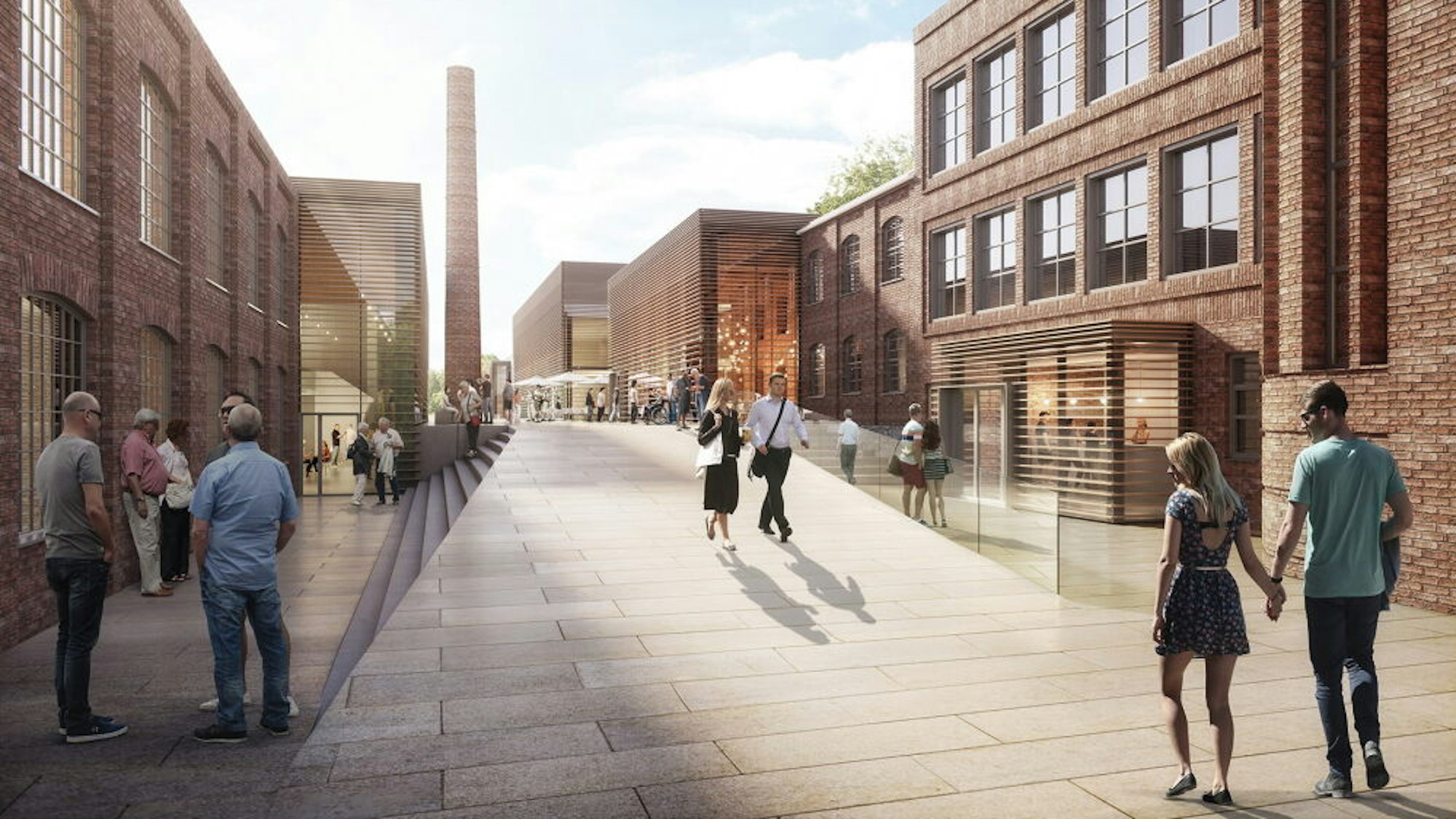 Eine Illustration zeigt die umgebaute Bücherfabrik als Gesundheits- und Begegnungszentrum mit zahlreichen Besuchern.