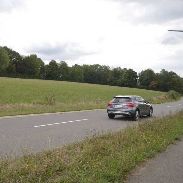 Ein silbernes Auto fährt auf einer Straße, daneben eine Wiesenfläche, wo demnächst 23 neue Häuser enstehen könnten.