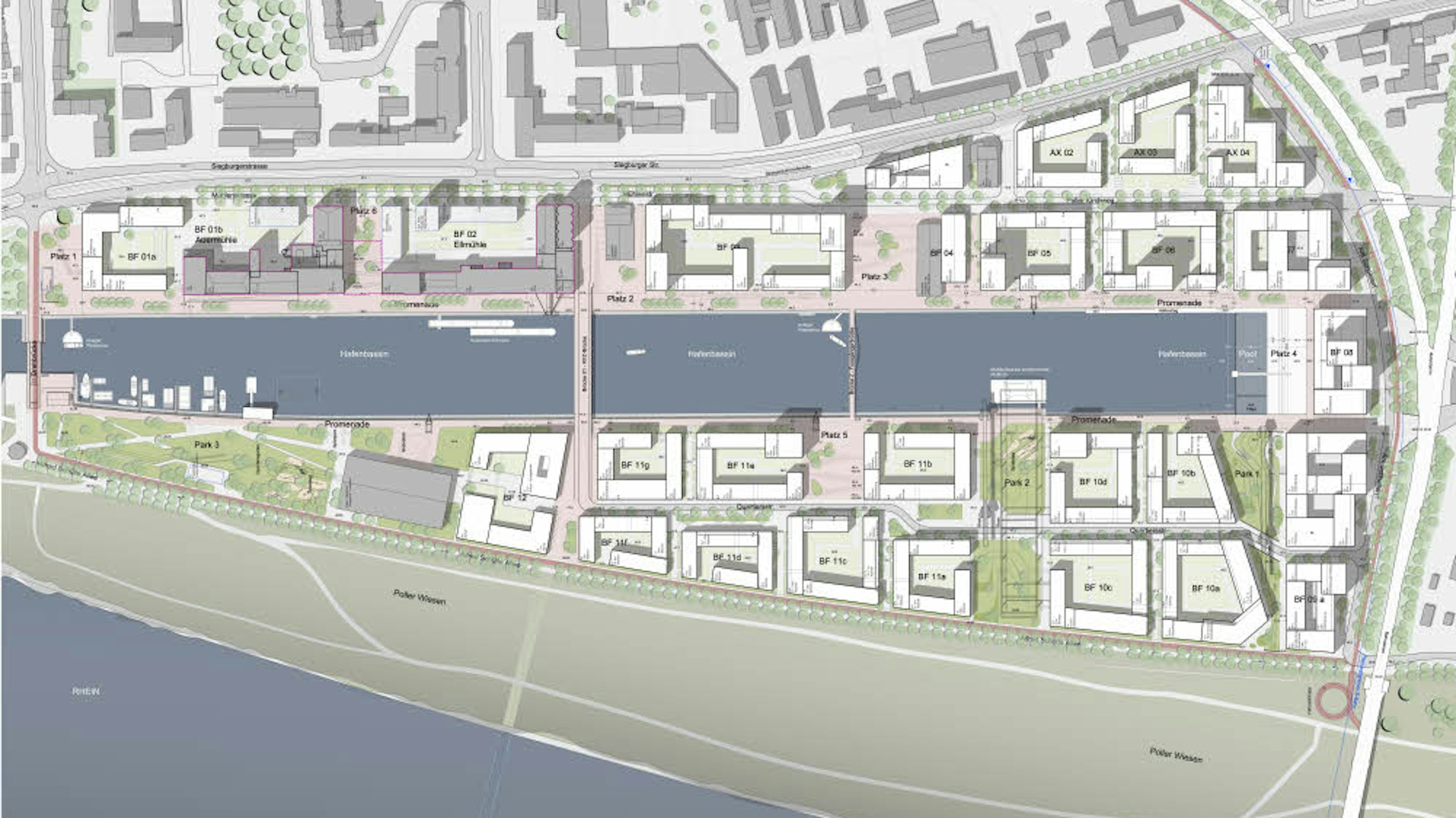 Planungskarte für den Umbau des 37 Hektar großen Geländes des Deutzer Hafen.