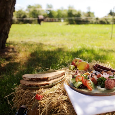 Picknickgedeck auf Stroh, dahinter ist eine Wiese zu sehen.