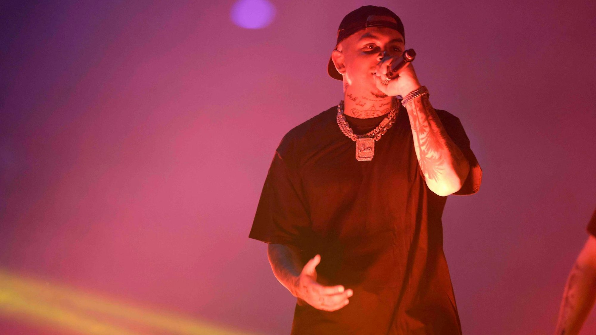 Der Rapper Luciano steht auf der Bühne und hält ein Mikrofon vor sein Mund.