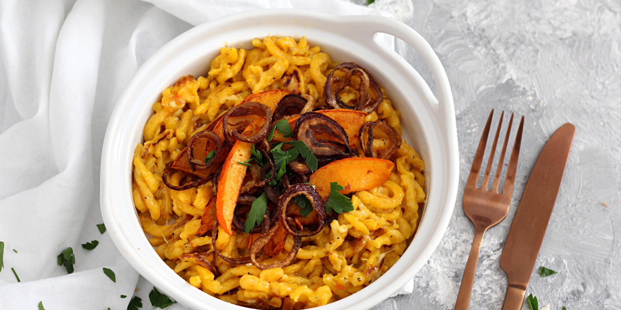 Kürbisspätzle mit zwiebeln