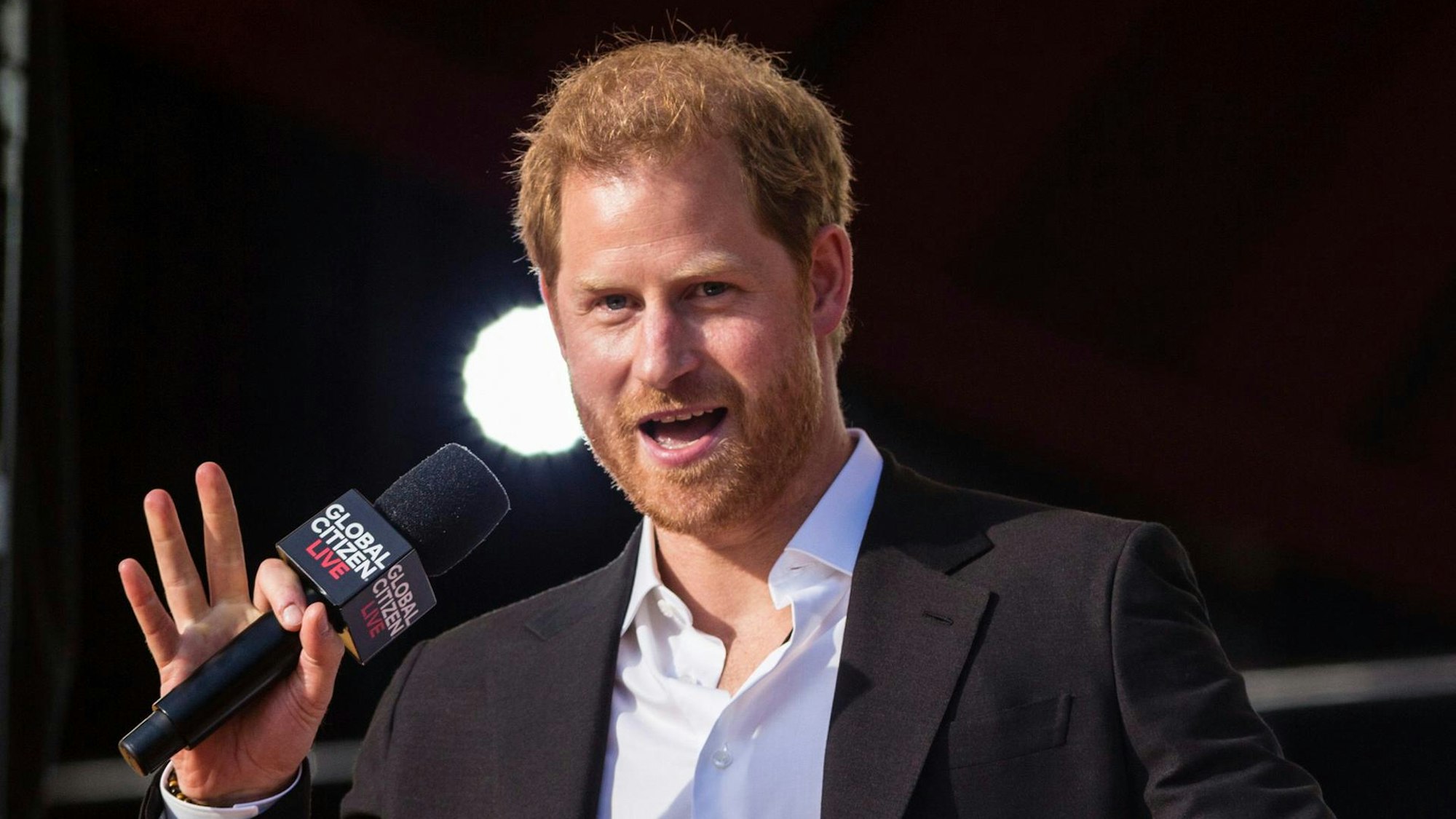 Prinz Harry hält ein Mikro in der Hand.