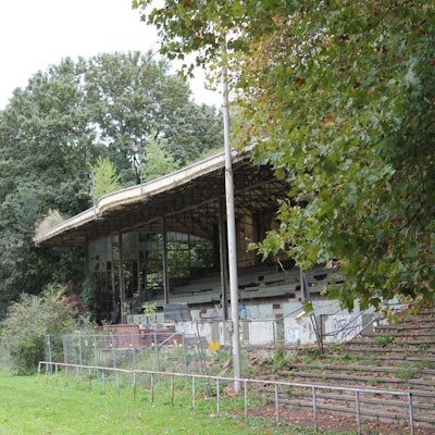 Unkraut wächst auf der alten Tribüne im Grünen.