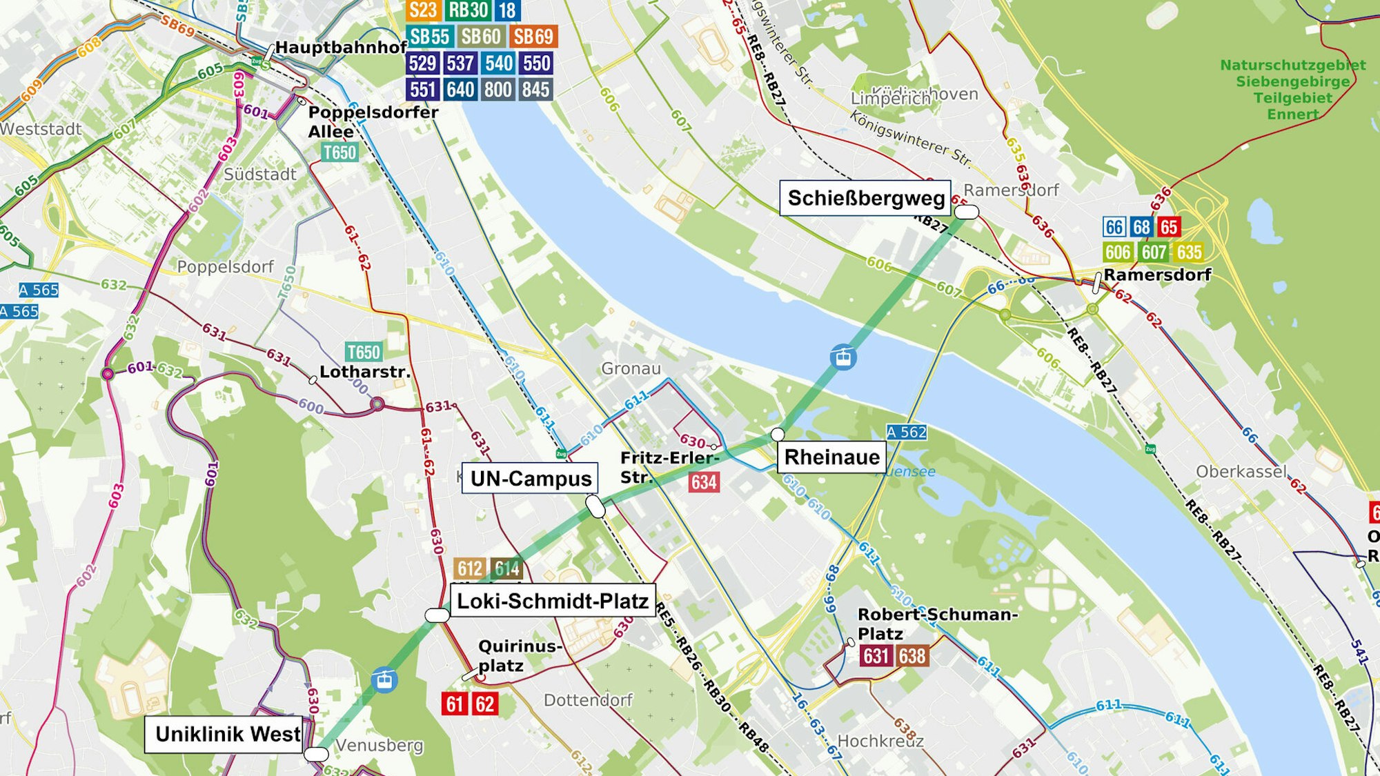 Die Trasse der geplanten Seilbahn in Bonn führt über den Rhein.
