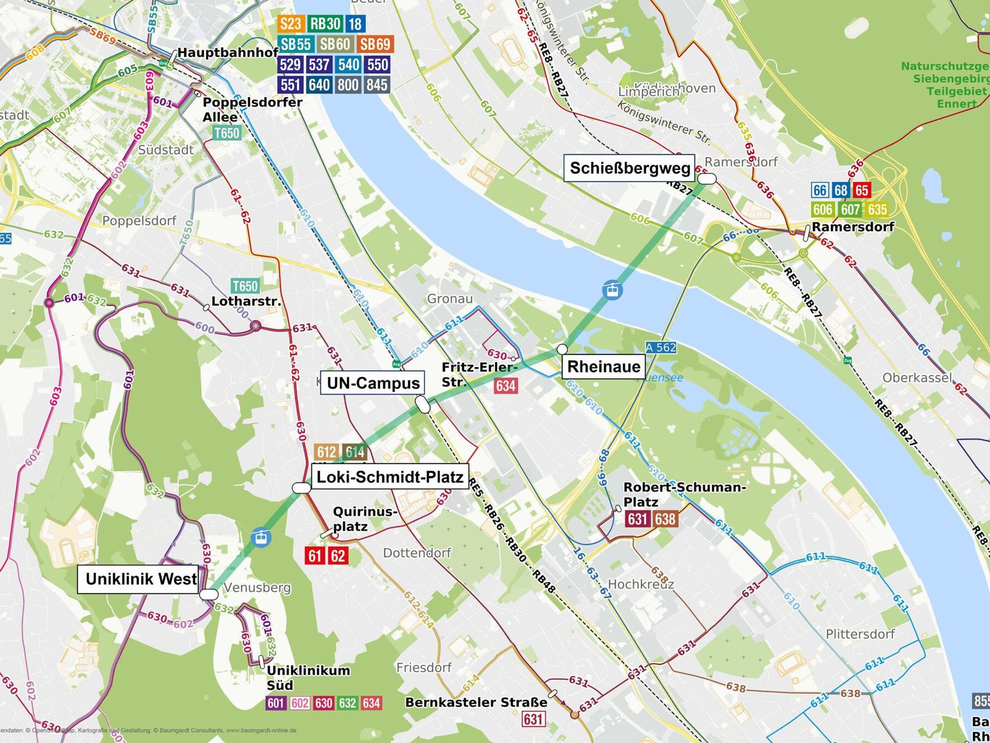 Die ursprüngliche Trasse der geplanten Seilbahn in Bonn. Der Endhaltepunkt Schießbergweg soll verlegt werden.