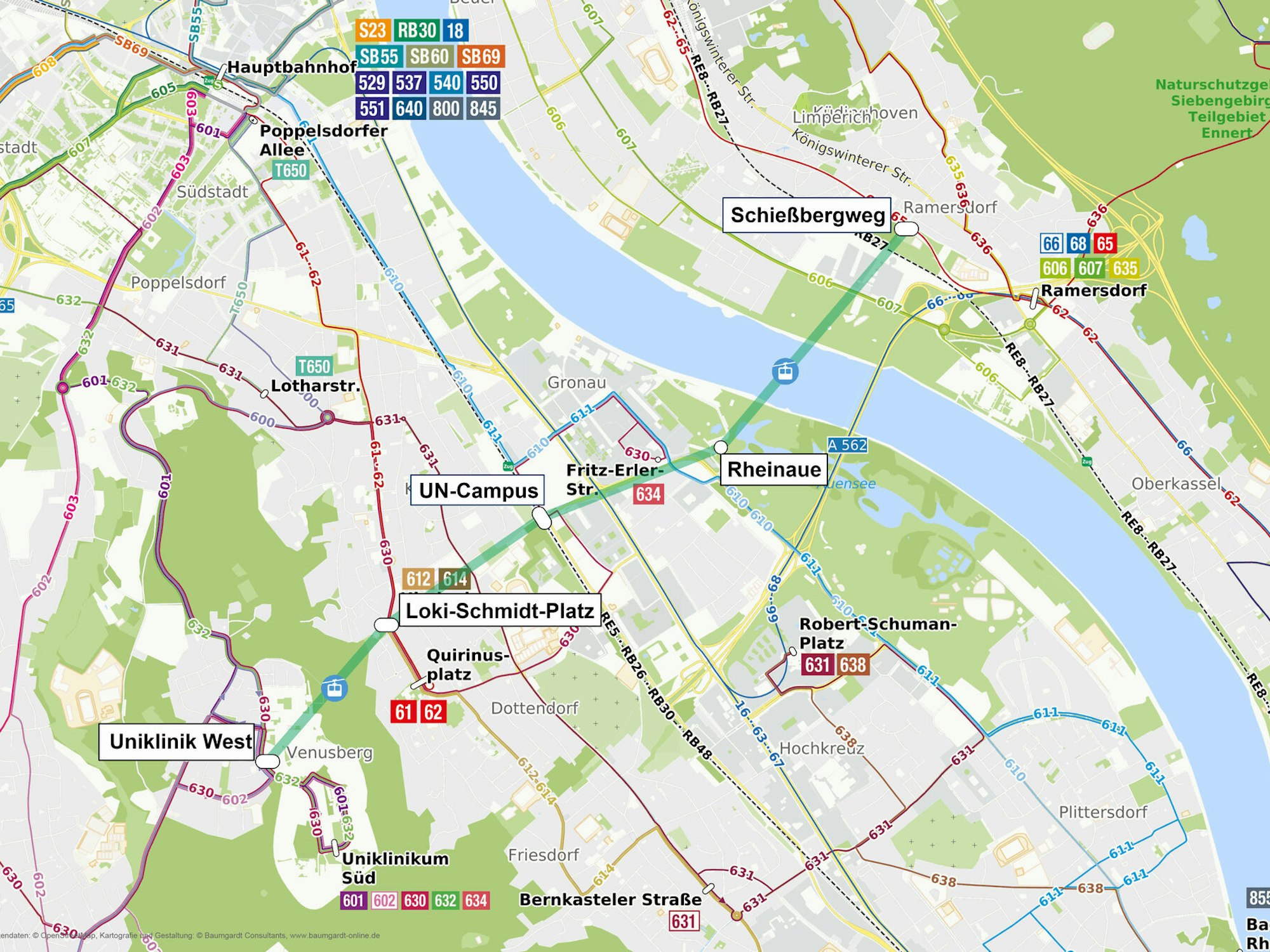 Die ursprüngliche Trasse der geplanten Seilbahn in Bonn. Der Endhaltepunkt Schießbergweg soll verlegt werden.