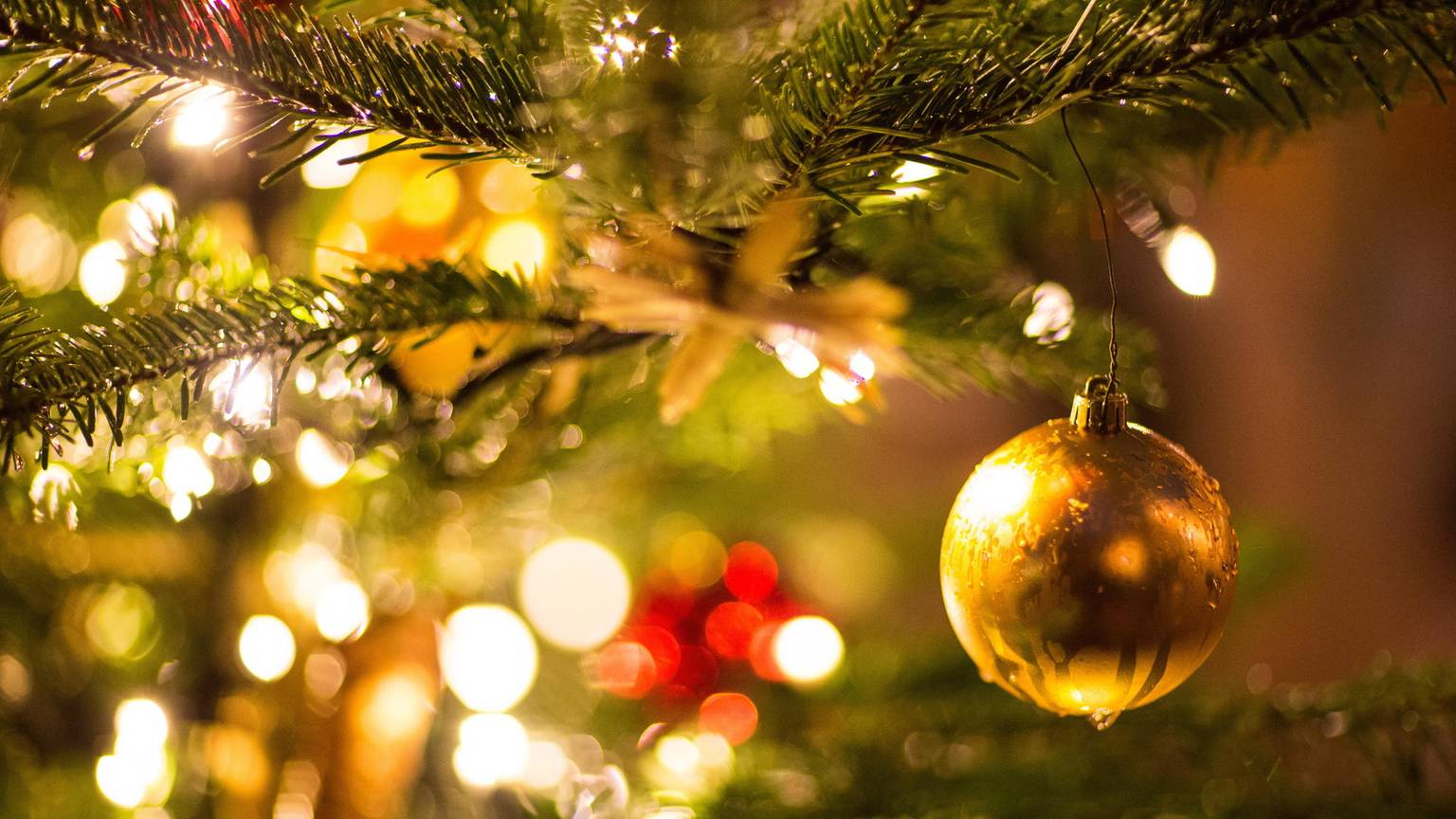 An Ästen eines Weihnachtsbaums hängt eine goldene Kugel, eine Lichterkette erhellt das Bild.