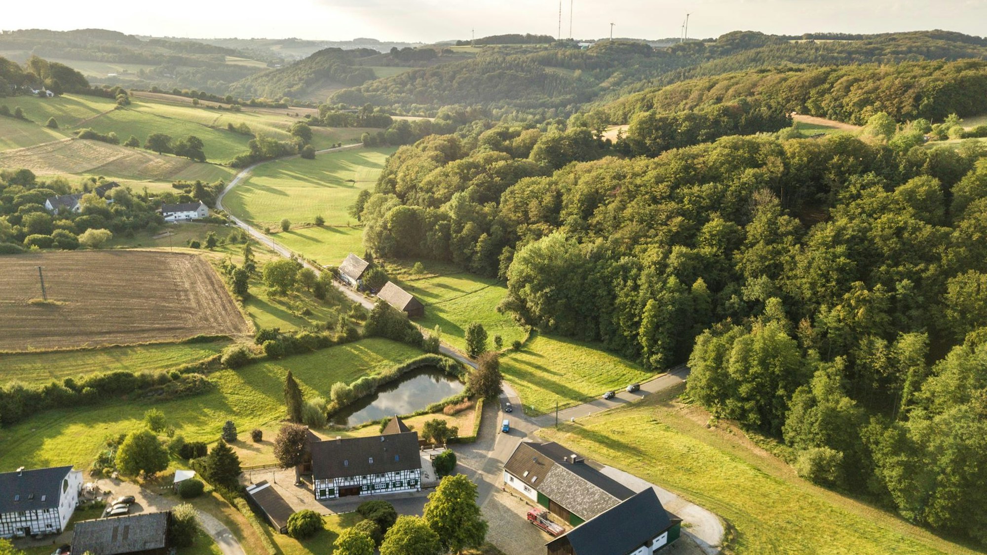 Eine Luftaufnahme auf einen Abschnitt des Neanderlandsteigs.