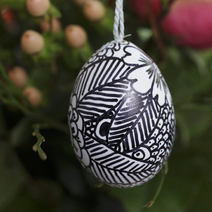 Ein schwarzweißes Ei mit Mustern macht sich schick am Strauch.